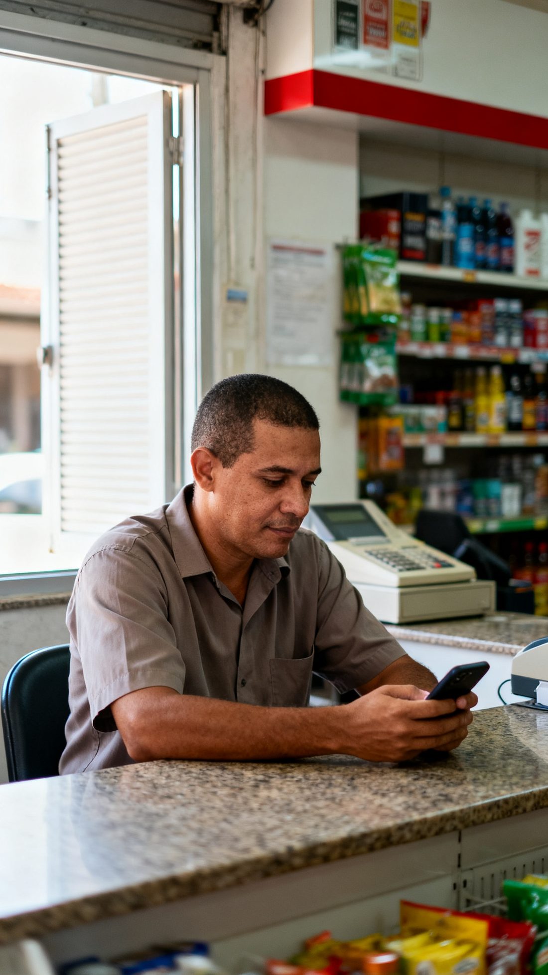 Comerciante sozinho no balcão, olhando o celular, sem clientes por perto