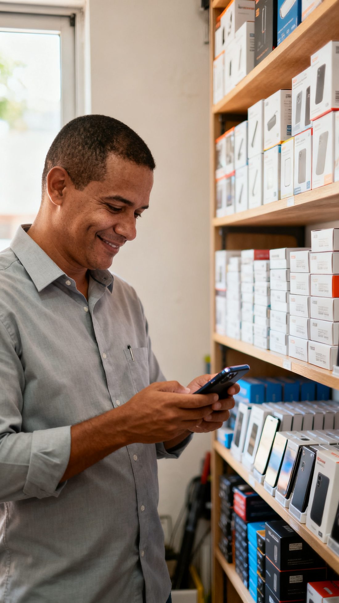Comerciante sorrindo ao ler uma mensagem de um novo cliente no celular