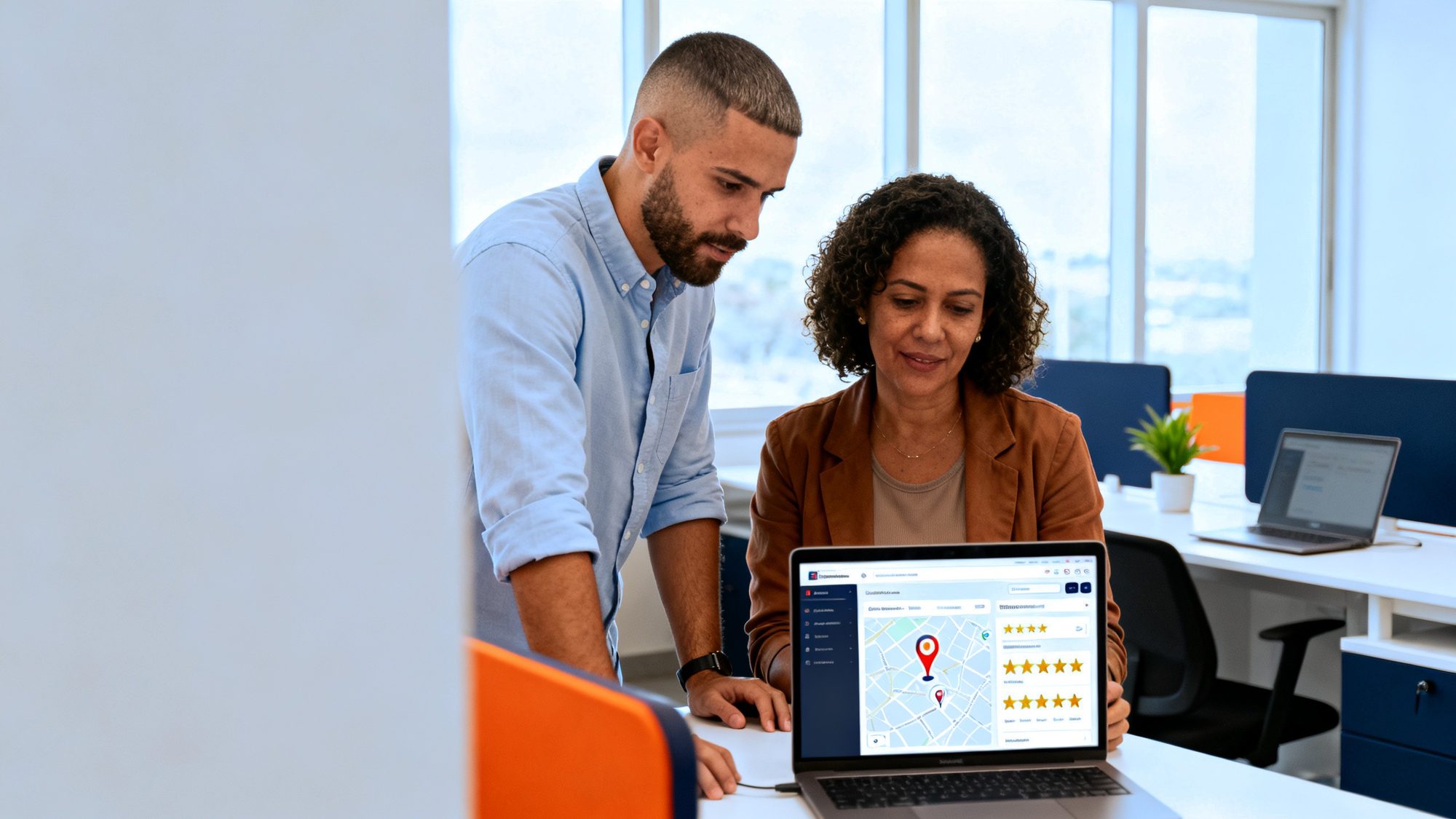 Consultora e cliente da Vértice MKT revisando juntos o perfil da empresa no Google