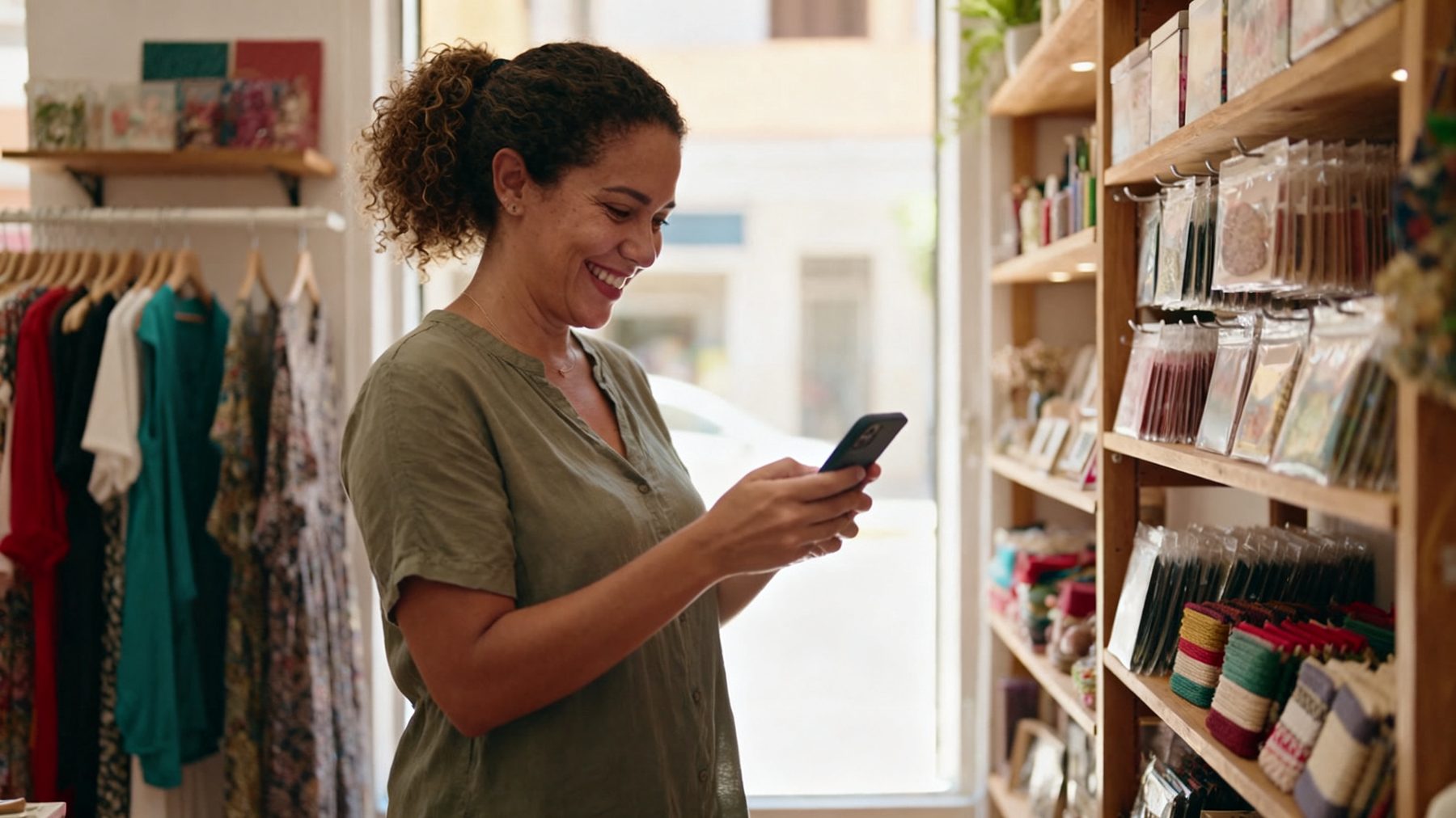 Lojista sorrindo ao ler no celular uma mensagem de um cliente que a encontrou pelo Google